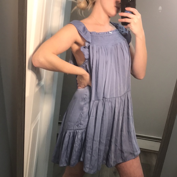 Free People Blue Want Your Love Mini Dress Flowy Reversible Smocked Large L - Picture 4 of 11